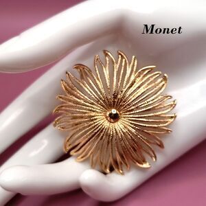 Vintage MONET Signed Gold Plated Flower Brooch Pin, 2 Inches, 1950s